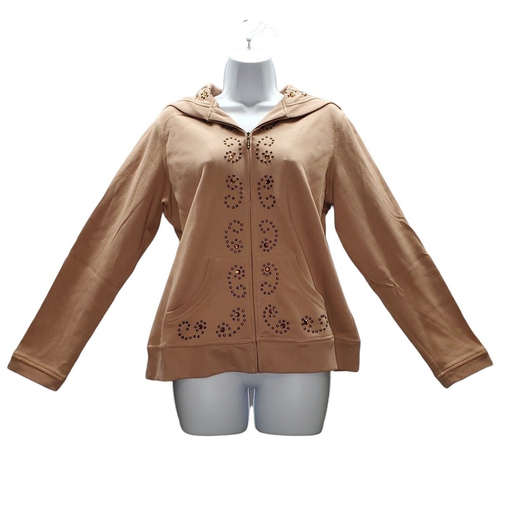 Diane Gilman Collection Women's Light Brown Rhinestones Hoodie, Size M